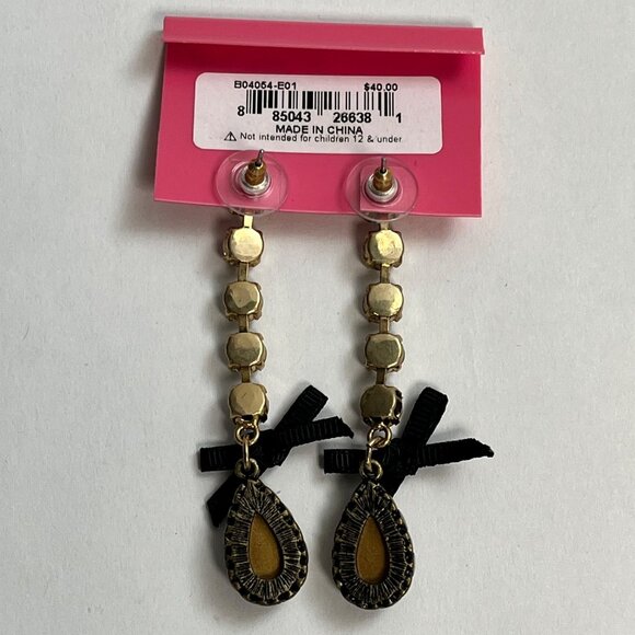 Betsey Johnson Leopard Teardrop Dangle Earrings With Rhinestones & Black Bow Acc - Picture 2 of 2